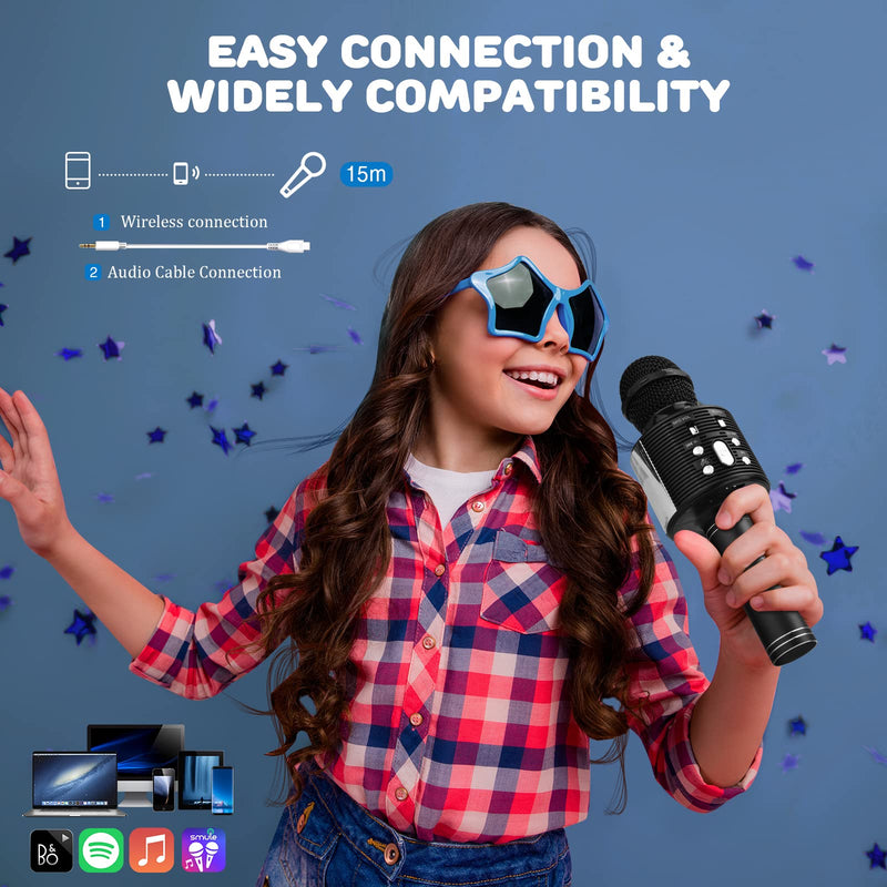 FISHOAKY Karaoke Microphone for Kids, 3 in 1 Portable Wireless Microphone Speaker Music Singing Voice Recording Karaoke Machine with Android/iOS for Home KTV Player Outdoor Black