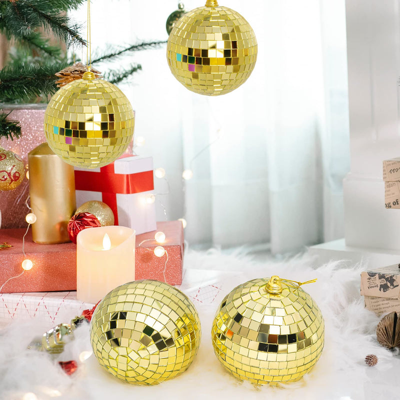 2 Pieces Disco Mirror Balls Hanging Ball for 50s 60s 70s Disco DJ Light Effect Party Home Decoration Stage Props School Festivals Party Favors and Supplies 4 Inch (4inch, Gold) 4inch