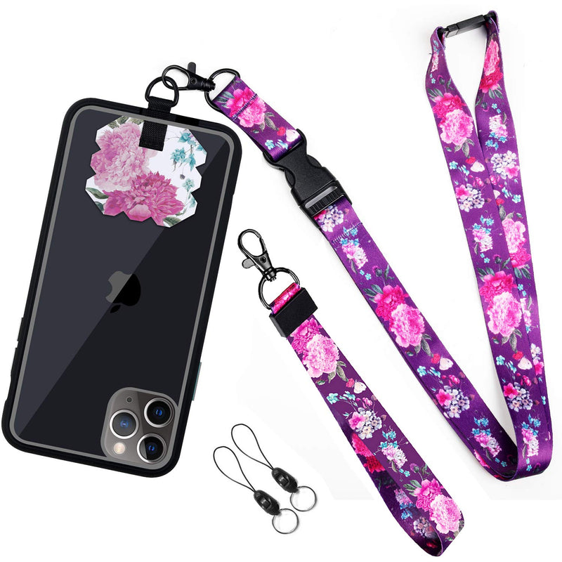 Phone Lanyard, MYECOGO Wrist Lanyard Tether Key Chain Holder and Adjustable Nylon Universal Cell Phone Neck Lanyard Strap for iPhone Phone Case Anchor Fit All Smartphones Keys ID ,Black Purple Flower