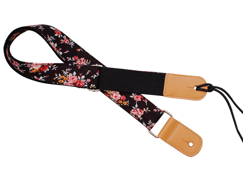 MUSIC FIRST Original Design “Rosa Multiflora in Black” Soft Cotton & Genuine Leather Ukulele Strap Ukulele Shoulder Strap