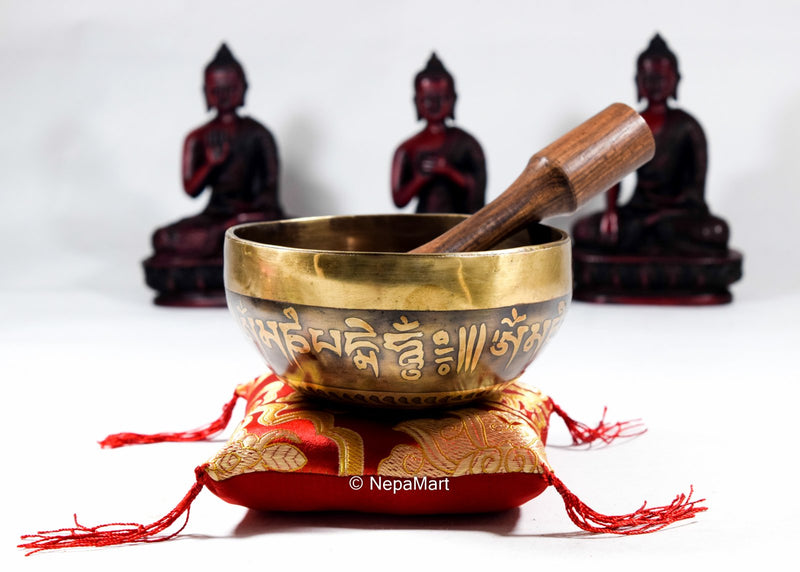 Tibetan Singing Bowl Set with Mallet & Silk Cushion Om Mani Padme Hum Etching For Meditation, Chakra Healing, Prayer,Yoga, and Mindfulness (5 Inch, Original)