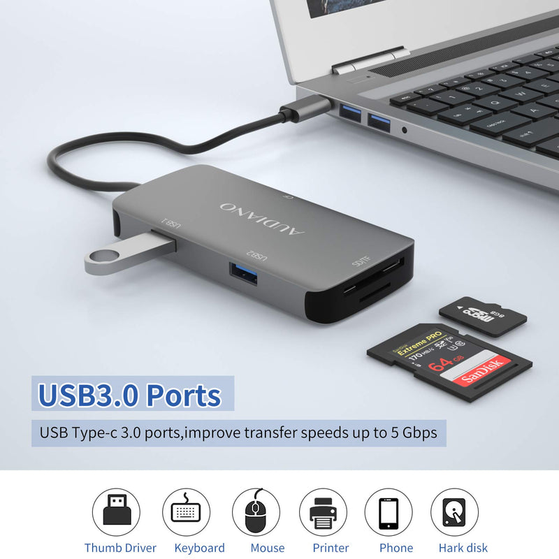 USB C to CF Card Reader, AUDIANO 5-in-1 USB Type C SD/TF/CF Camera Card Reader with Compact Flash Memory Card Reader, 2 USB 3.0 Ports Compatible for MacBook Pro, Samsung S20, Surface Book USB C Port