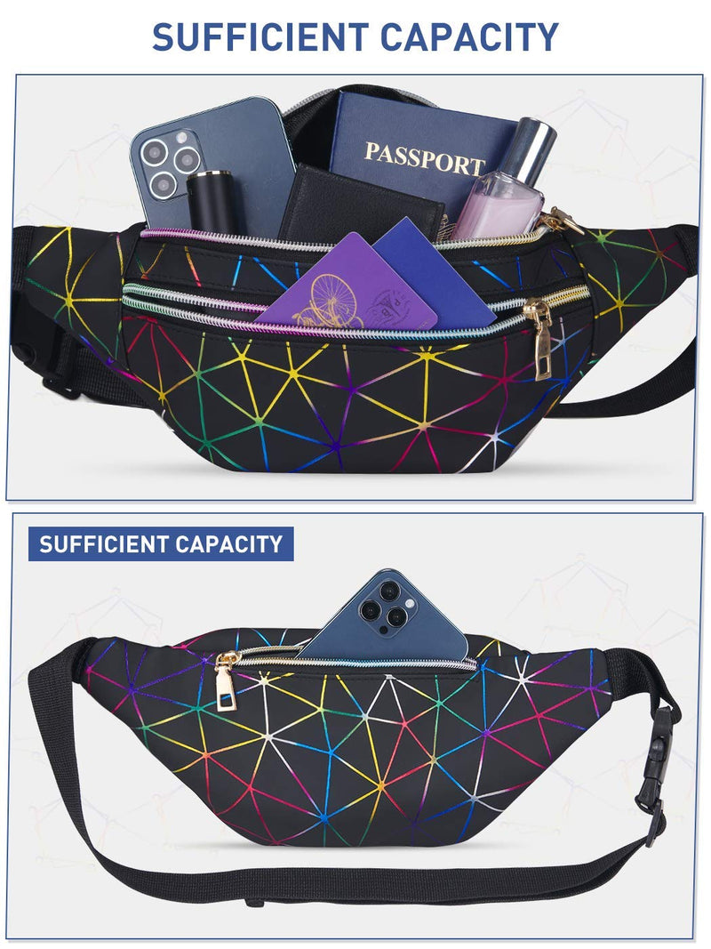 LIVACASA Holographic Fanny Packs for Women Cute Black Waist Packs Shiny Waist Bum Bag Waterproof for Travel Party Festival Running Hiking 12.2''x 5.1''x 3.1''