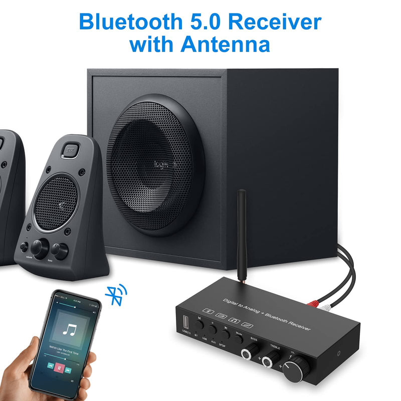 USB 192KHz DAC Digital to Analog Converter with Headphone Amplifier Built-in Bluetooth V5.0 Receiver Music Player Volume Adjustable Digital SPDIF TOSLINK to Stereo L/R & 3.5mm Jack normal