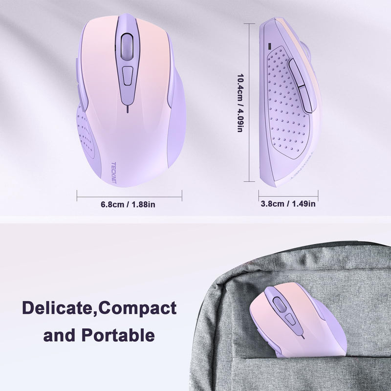 TECKNET Wireless Mouse, 2.4G Ergonomic Optical Mouse, Computer Mouse for Laptop, PC, Computer, Chromebook, Notebook, 6 Buttons, 24 Months Battery Life, 2600 DPI, 5 Adjustment Levels Gradient Lavender