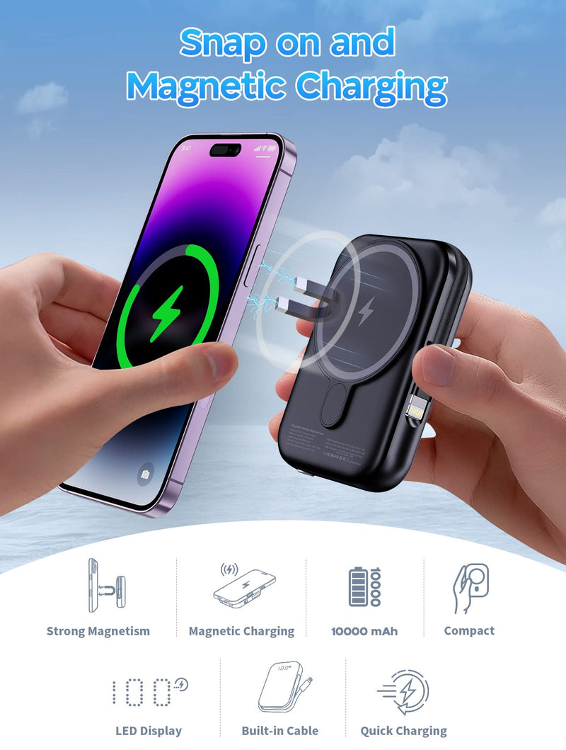 Ceftydy Magnetic Wireless Portable Charger, 10000mAh Battery Pack with USB-C Cable & LED Display, Built-in Lightning Cable, Magnetic Power Bank 20W PD Fast Charging for iPhone 14/13/12 Series
