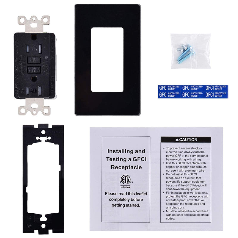 NineLeaf 2 Pack 15Amp GFCI Outlet Receptacles, Tamper-Resistant (TR) Weather-Resistant (WR) with LED Indicator,Decorative Wall Plates and Screws Included, ETL Certified, Black 15A