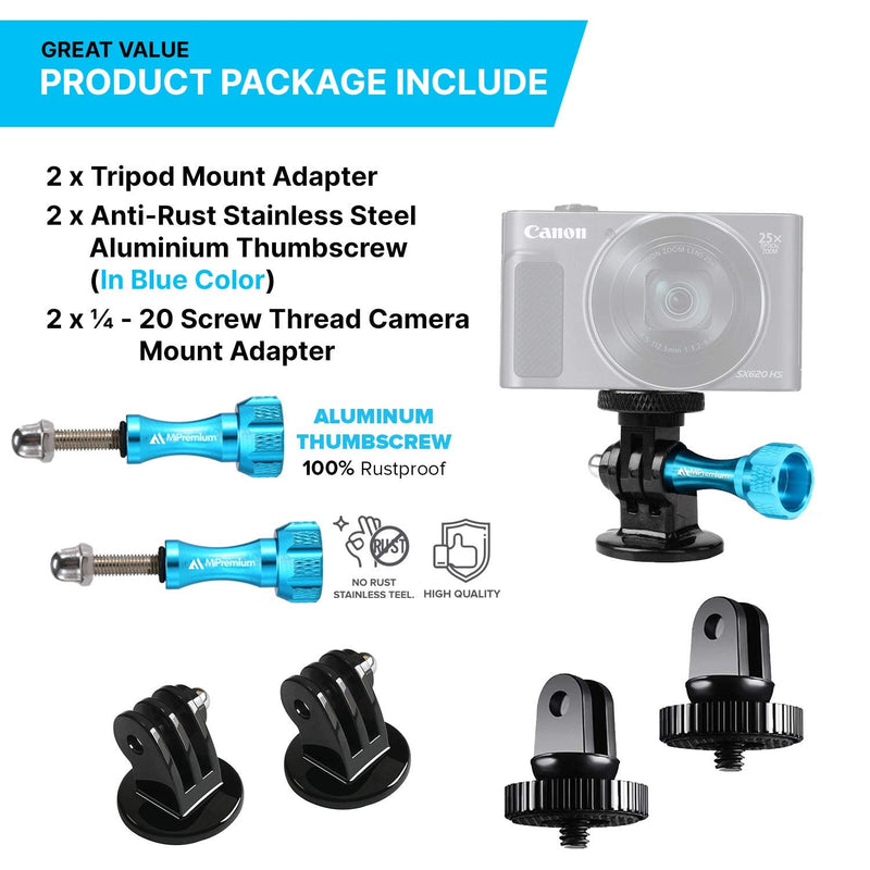 [AUSTRALIA] - MiPremium Tripod Monopod Adapter Mount Kit for GoPro Hero 10 9 8 6 7 5 4 3 Black Silver Session. 1/4 Mount & Aluminium Thumbscrews Action Cam Mounting Accessories for AKASO Campark YI & Other Cameras 