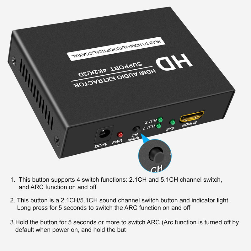 LinSeek hdmi Audio Extractor, 4K Hdmi Audio Extractor Splitter, HDMI to HDMI +Audio(Optical/Coaxial/ 3.5mm Audio Jack), HDMI 4K@30hz Video Audio Converter Adapter for PS4, Xbox,TV