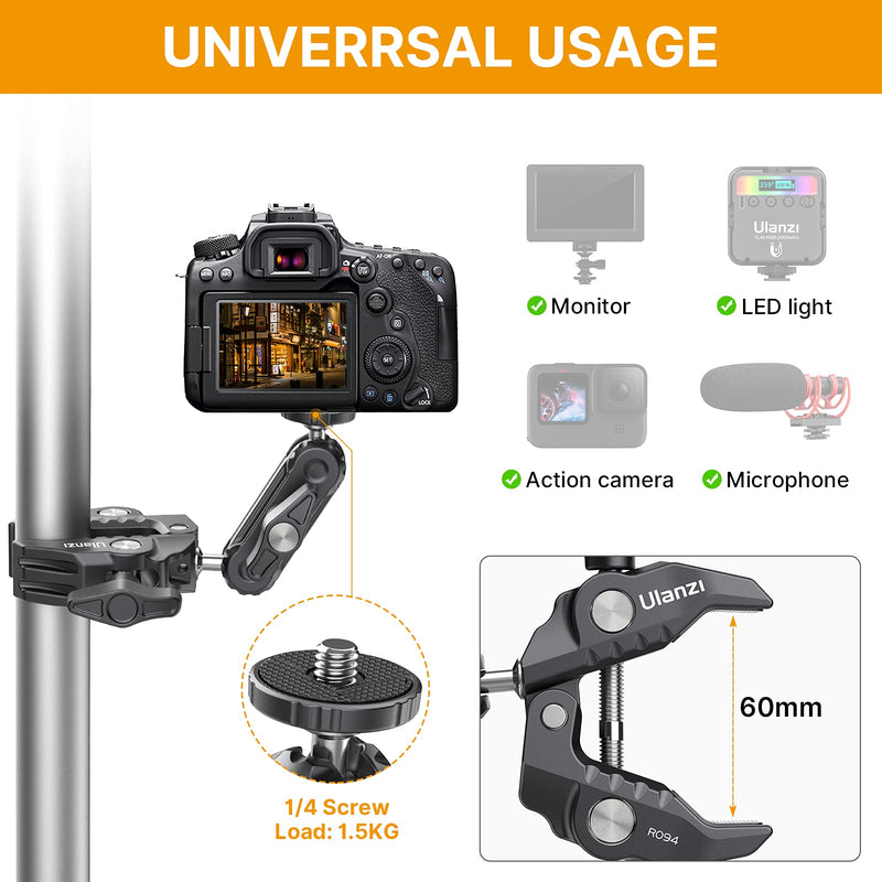 R094 Super Clamp Multi-Functional Camera C Clamp Mount, 1/4" Ball Head Monitor Mount 3/8" Hole Adjustable Video Shooting, Mobile Clamp for Gopro Action INSTA360 Cam, Vlog Cam Selfie Live Streaming R094 Super Clamp