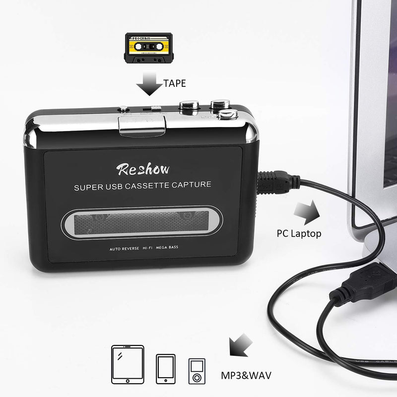 Reshow Cassette Player – Portable Tape Player Captures MP3 Audio Music via USB – Compatible with Laptops and Personal Computers – Convert Walkman Tape Cassettes to Mp3 Format Black