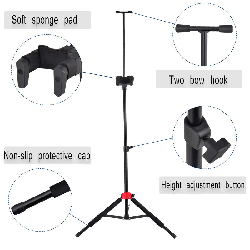 EASTROCK Violin Stand Black Tripod Viola Stand and Height Adjustable with Bows Hook Holder Automatic Locking Hook & Soft Pad Material(Violin Stand)