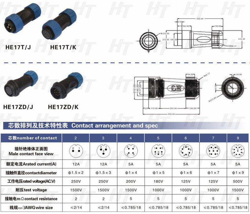 HangTon HE17 7 Pin Connector Male Female Cable Plug Outdoor Circular IP68 Waterproof Aviation for LED Lighting Power Equipment