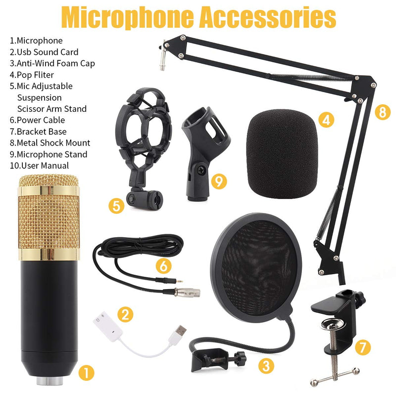 Aceshop Condenser Microphone Kit BM-800 XLR Studio Podcast Microphone with Adjustable Mic Suspension Scissor Arm, Shock Mount, Pop Filter for Streaming Recording Youtube Game Voice Over ASMR
