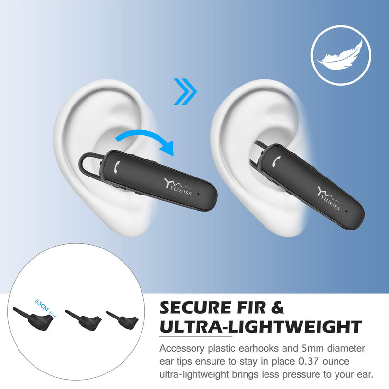 YUWISS Bluetooth Headset 24Hrs Playtime Wireless Cell Phones Earpiece V5.0 with Mic Noise Canceling Hands Free Car Driving Headphones Compatible with iPhone Android All Smart Cell Phone (Black)