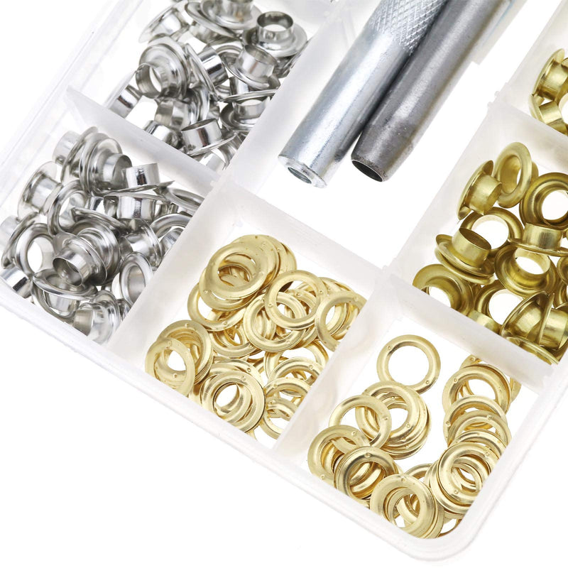 200 Set 1/4inch Brass Silver and Gold Eyelet Grommet Washer Kit with Fixing Tool