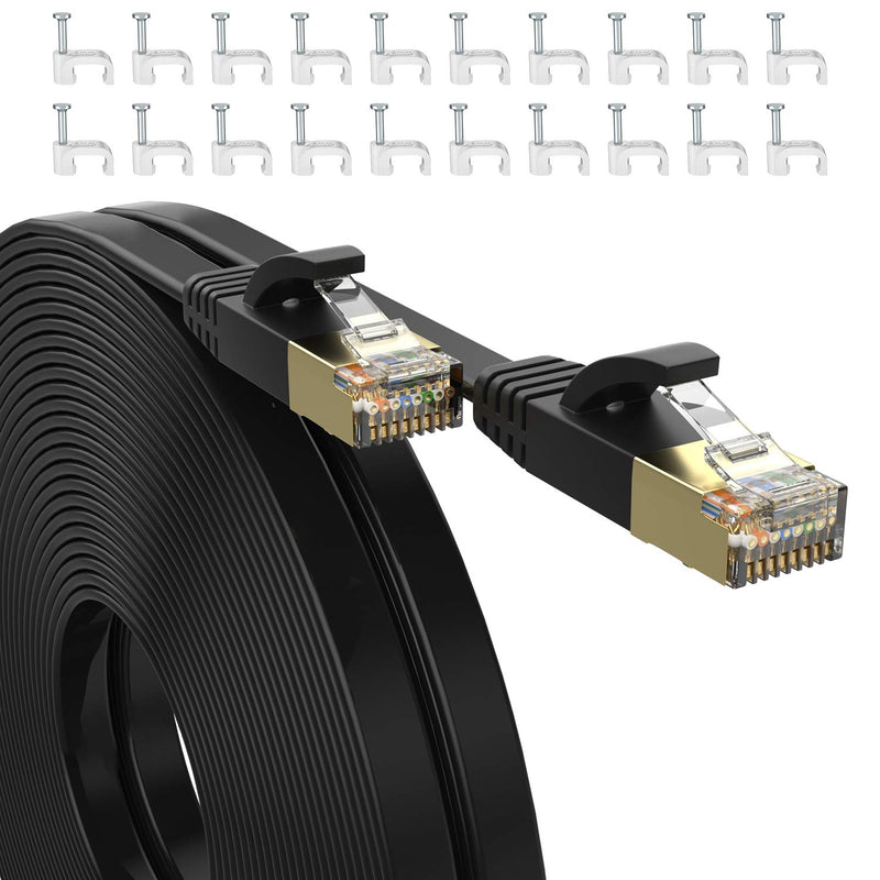 [AUSTRALIA] - SHD Flat Cat7 Ethernet Cable Network Patch Cable with 20pcs Cable Clips FTP/STP LAN Cable Computer Patch Cord-25 Feet 25FT 1PK 