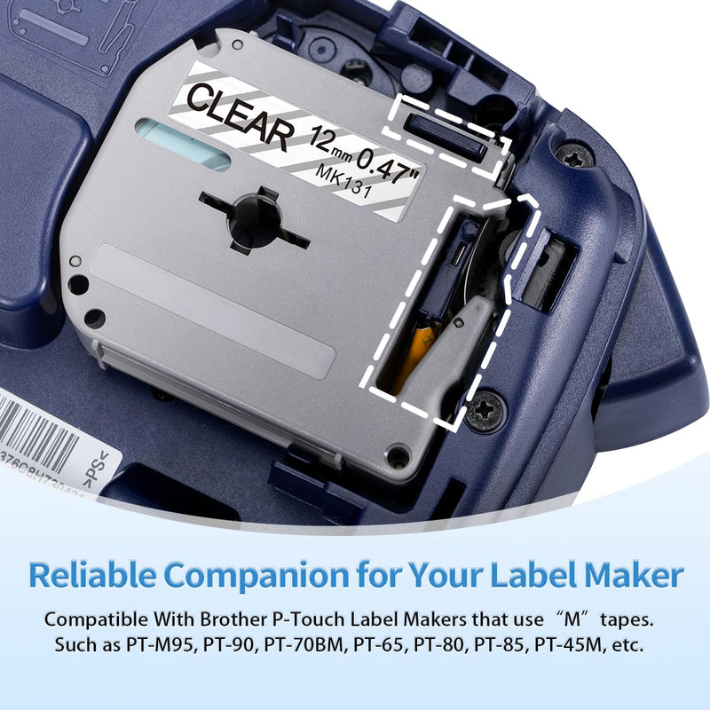 Labelife Compatible M-K131 Clear Tape Replace for Brother P Touch M Tape Clear 12mm 0.47'' M-K131s M131 MK131 Work with Brother Ptouch PT-M95 PT-65 PT-90 PT70BM PT-45 Label Maker Refills,4-Pack Black on Clear