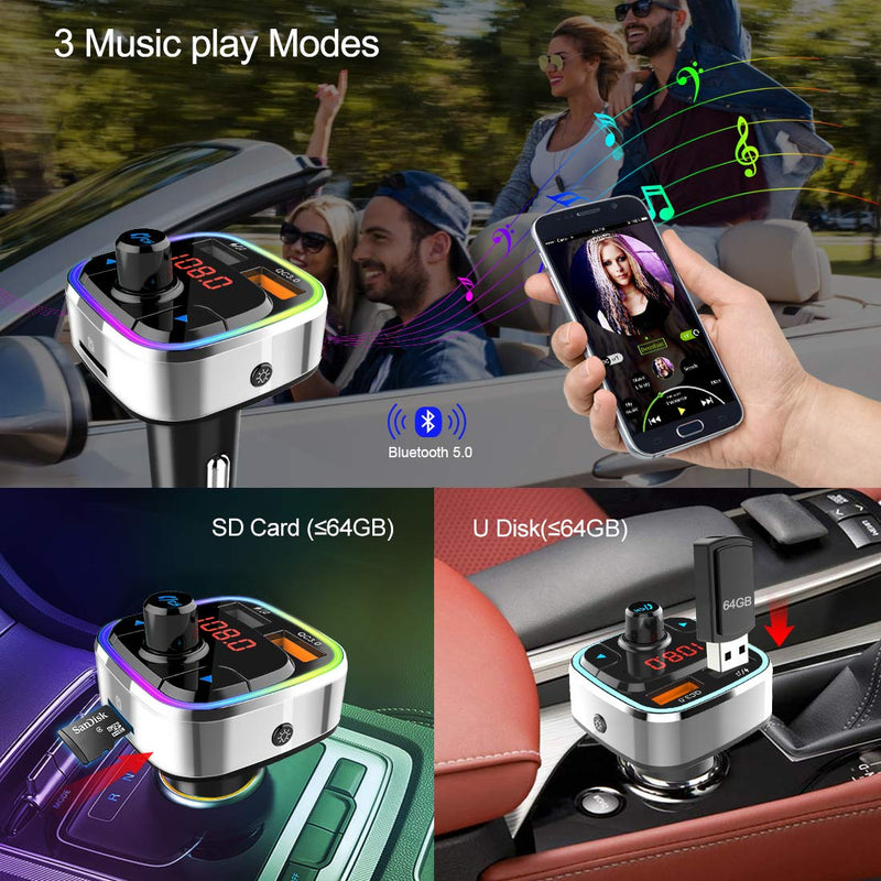 Bluetooth 5.0 Car FM Transmitter,QC3.0 Wireless Bluetooth Car Adapter Mp3 Music Player Car Kit with Hands-Free Calling and 2 USB Charge,LED Backlit,Play TF Card/USB for All Smartphones Audio Players Silver