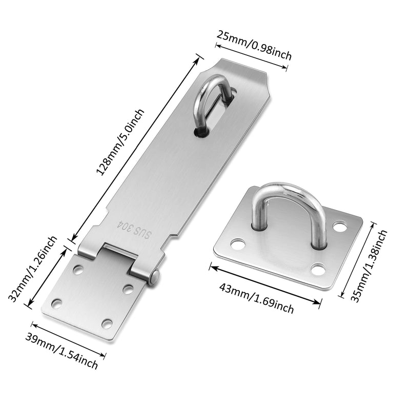 Lpraer 2 Pack Door Hasp Latch Lock 5 Inch Stainless Steel Safety Packlock Clasp Thick Door Gate Lock Hasp with Screws Brushed Finish for Furniture Silver