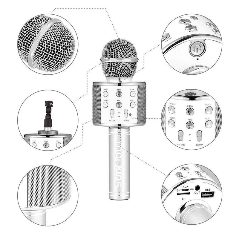 [AUSTRALIA] - mockins Wireless Bluetooth Karaoke Microphone with Built In Bluetooth Speaker All-in-One Karaoke Machine | Compatible with Android & Ios Iphone - Silver Color 