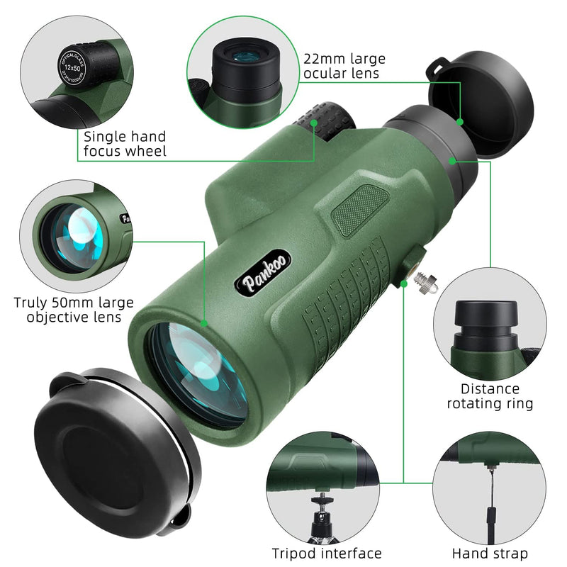Pankoo 12X50 Monoculars for Adults High Power Monocular Telescope for Wildlife Bird Watching Hunting Camping Travel Secenery with Smartphone Holder & Tripod