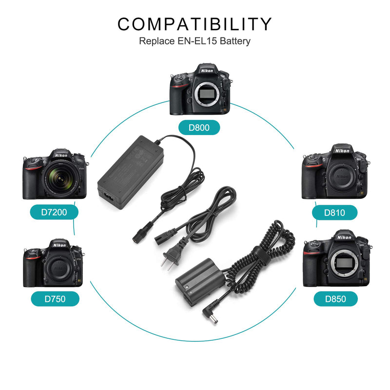 Newmowa EN-EL15 Replacement Dummy Battery AC Power Supply Adapter and DC Coupler Charger Kit for Nikon D750, D800, D810, D850, D7000, D7100, D7200 Camera