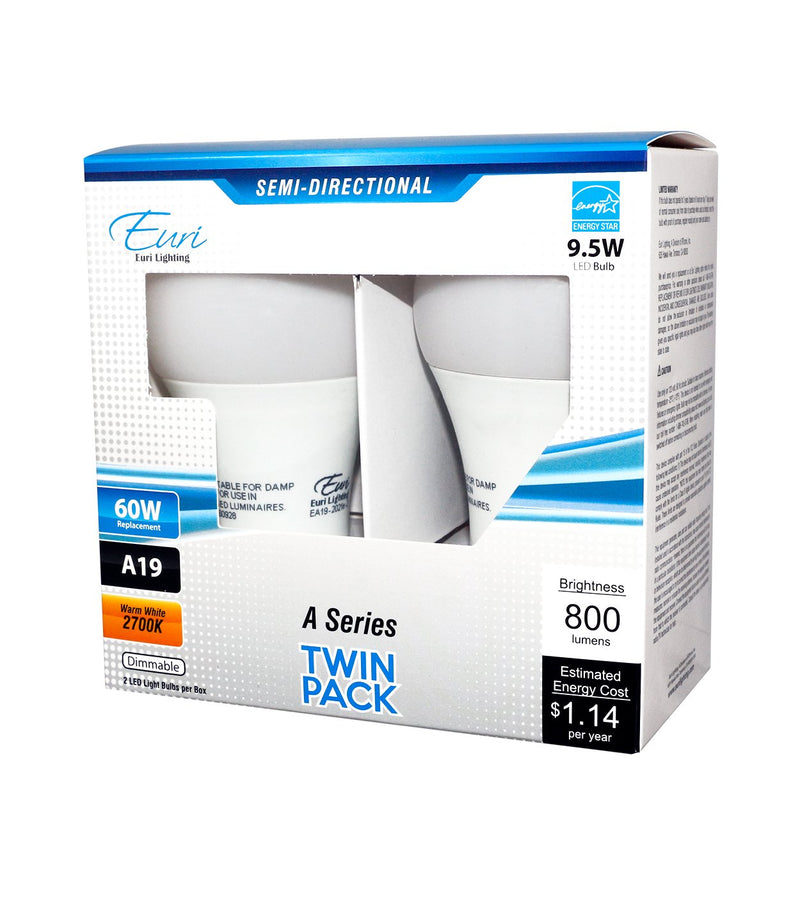 Euri Lighting EA19-2021e-2 LED A19 Bulb, Everyday Line, Warm White 2700K, Dimmable, 9.5W (60W Equivalent) 800 lm, 230 Degree Beam Angle, Medium Base (E26), UL & Energy Star Listed (Pack of 2)