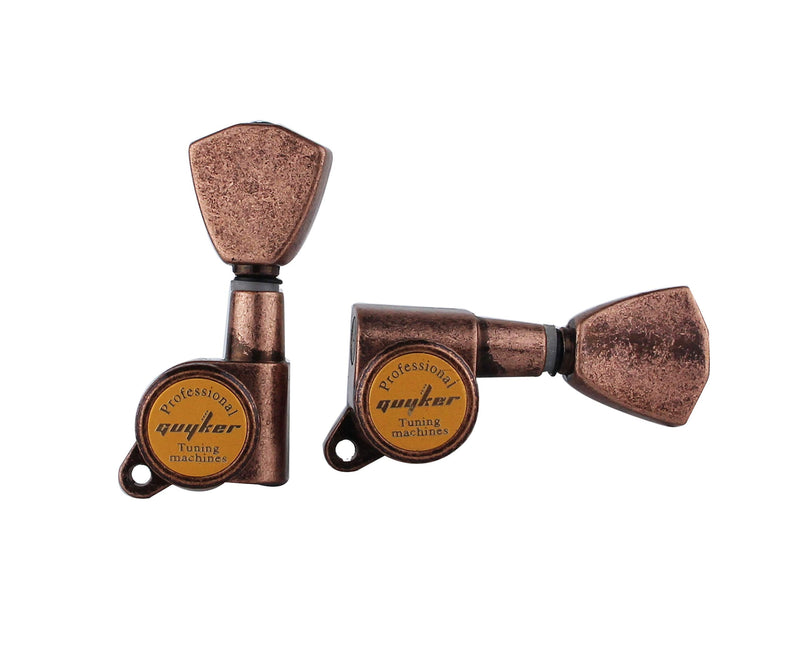 Guyker Guitar Locking Tuners (3L + 3R Handed) - 1:18 Models Rear Lock String Tuning Key Pegs Machine Head with Trapezium Button Antique Bronze, GK04SP