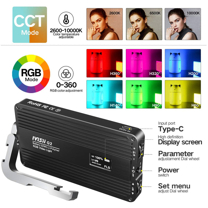 IVISII G2 RGB Portable On Camera Light, Built-in 4300mAh Lithium Battery Video Conference Lighting, 2600-10000K 12W Full Color LED Light Panel for Photography, Studio, Wedding Shooting
