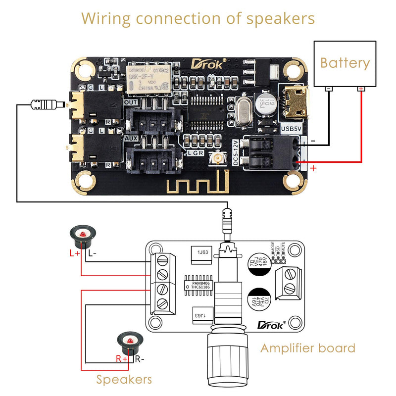 Blue~Tooth Board, DROK Audio Receiver Blue~Tooth Module DC 5V-24V 12v Portable Wire~Less Electronics Stereo Music Receive Circuit Chip with Micro USB Port for Headphone Speaker Home Sound System DIY
