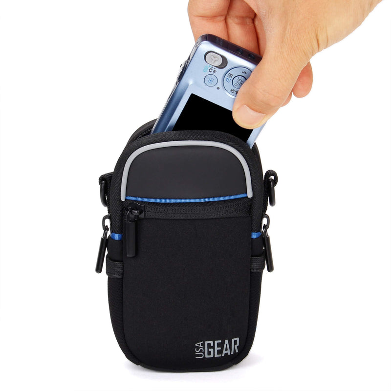 USA GEAR Compact Camera Case Point and Shoot Camera Bag with Accessory Pockets, Rain Cover and Shoulder Strap - Compatible with Sony CyberShot, Canon PowerShot ELPH, Nikon COOLPIX and More (Black) Black