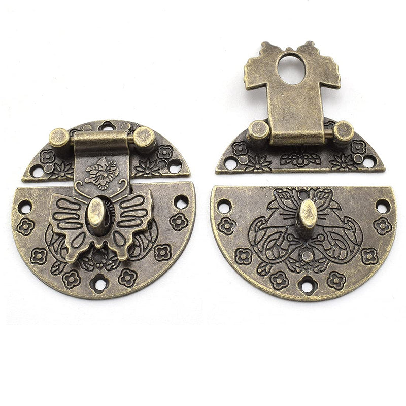 SDTC Tech Antique Butterfly Pattern Round Hasp Latch with Padlock Hole and Oval Hinges for Repairing or Decorating Jewelry Box Cabinet Drawer (2X Hasp + 4X Hinges)