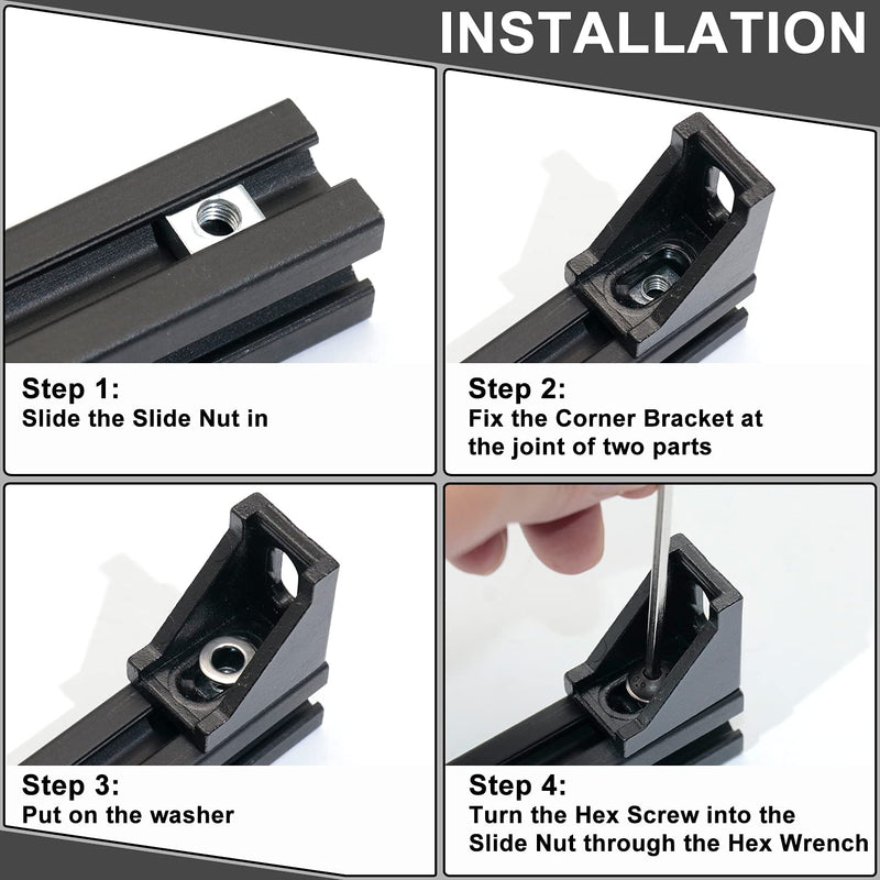 CheeMuii 2020 Corner Bracket Kit,20pcs Corner Brackets 40pcs Hex Screws 40pcs Slide Nuts,40pcs Washers and 2pcs Hex Wrenchs for Slot 6mm 20s Aluminum Extrusion Profile Rail Accessories 20sets Black