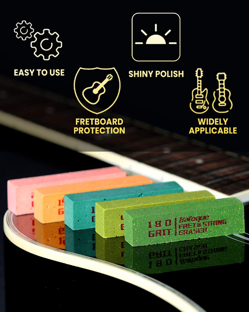 Baroque Fret Erasers for Guitar, Fret Polishing Cleaner, Frets Polish Tools Kit, Clean Fret Wire/String/Metal, Set of 5 (180& 400& 1000& 1500& 2000 Grit)