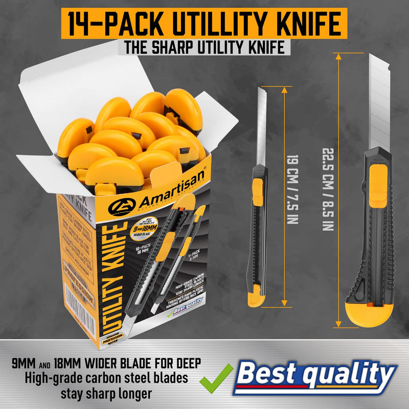 [AUSTRALIA] - Amartisan 14-Piece Retractable Box Cutter, Utility Knifes for Boxes, Cartons, Cardboard Cutting, 18mm & 9mm Wide Blade Cutter, Very Suitable for Office and Home Use. 