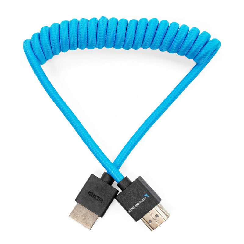 KONDOR BLUE Full HDMI Thin Short Cable | 2.0 High Speed 4K 3D HDR Nylon Braided Coiled Cable for On-Camera Film Cinema Monitors | 3840 x 2160-30Hz | 18Gbps MetaData | 12"-24" | Blue Coiled Braided | Full HDMI