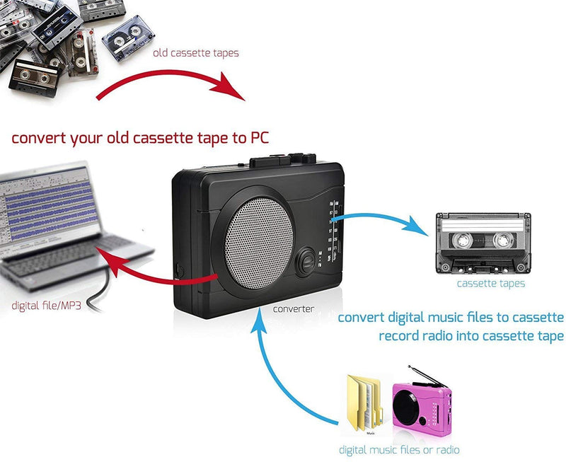 DIGITNOW! USB Cassette Player Personal Audio Recorder with Speaker, Radio Recording Cassette Tape to Digital MP3 Converter Black