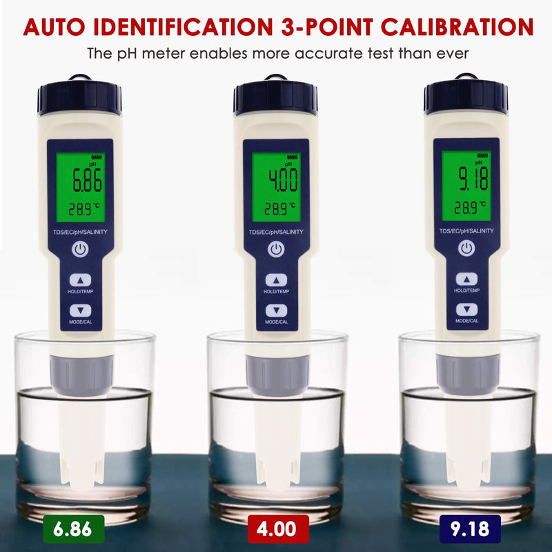 DANOPLUS 5 in 1 Digital pH Meter with TDS/EC/Salinity/Temperature Measurement Waterproof Highly Accurate Multi-Parameter Tester pH/TDS/EC/Temp/Salinity