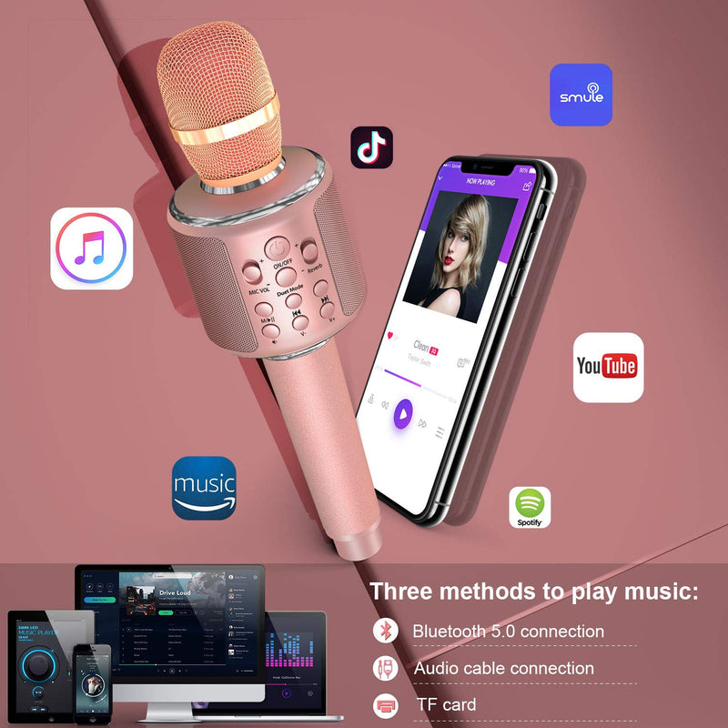 [AUSTRALIA] - Bluetooth Karaoke Microphone, Wireless Portable Handheld Karaoke Mic Speaker Machine with Duet Vocal Remover Function Home Party for All Smartphone(Rose Gold) Rose Gold 