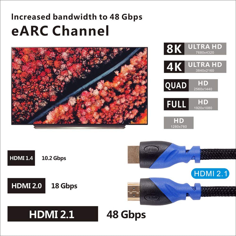 8k hdmi Cable,8K&60Hz 4K@120Hz 4320P Hdmi Cable 48gbps 2.1 UHD Compatible with  LG Samsung QLED Apple TV Gaming Consoles Any Other Hdmi-Enable Device 8k hdmi Cable 10ft