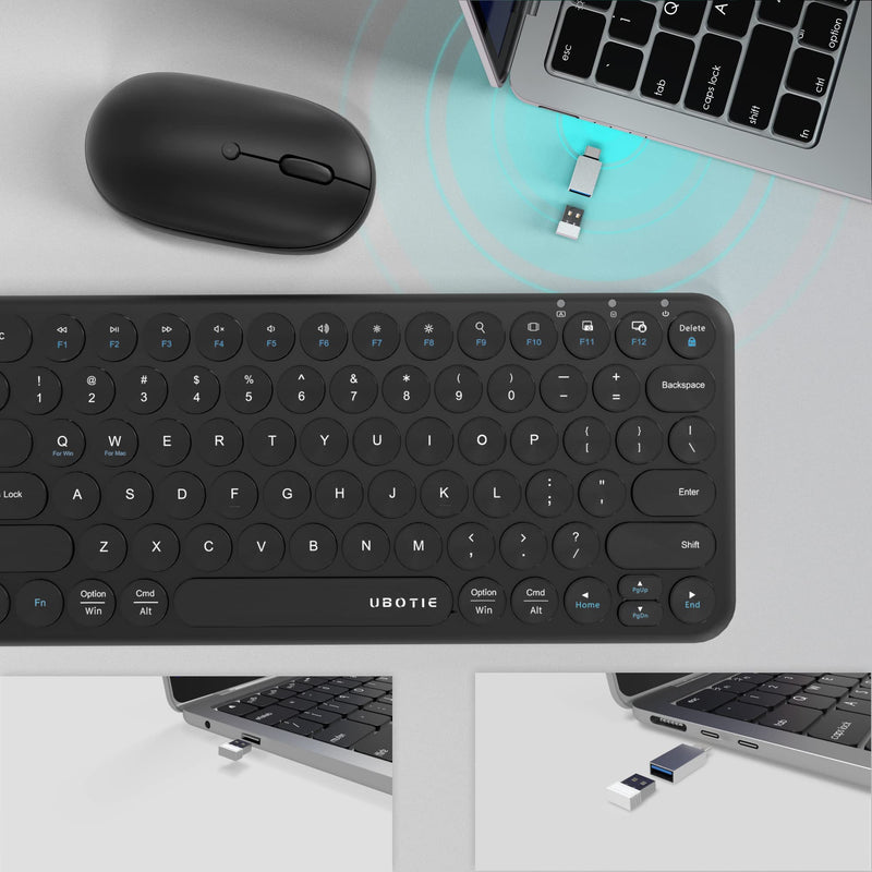 Mini Computer Wireless Keyboard and Mouse Combo, UBOTIE Colorful Compact Silent Linear Switch Round Keycaps TKL Keyboards with Optical Mouse for Travel Business(Black) Black