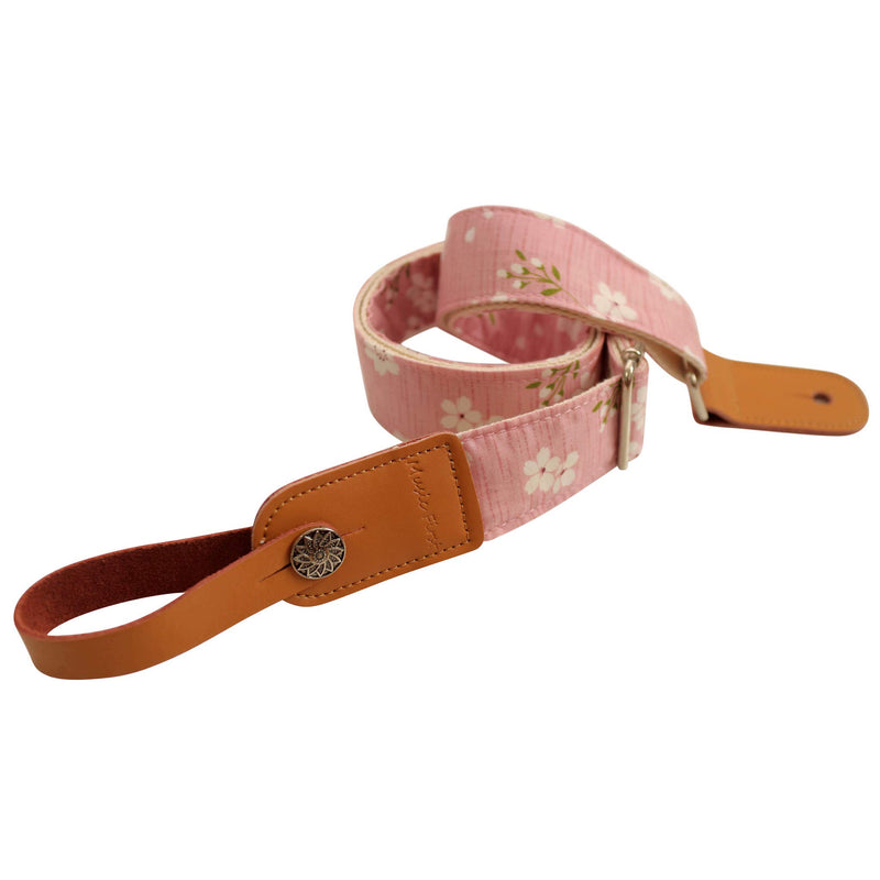 [AUSTRALIA] - MUSIC FIRST Original Design Vintage “Pink Sakura” Soft Cotton & Genuine Leather Ukulele Strap Ukulele Shoulder Strap With a MUSIC FIRST Genuine Leather Strap Locker 