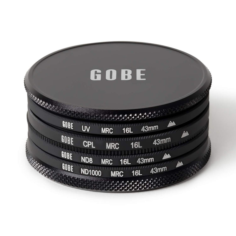 Gobe 43mm UV, Circular Polarizing (CPL), ND8, ND1000 Lens Filter Kit (2Peak)