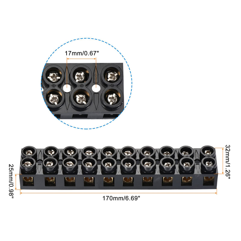 MECCANIXITY Terminal Block 500V 60A Dual Row 10 Positions Screw Electric Barrier Strip