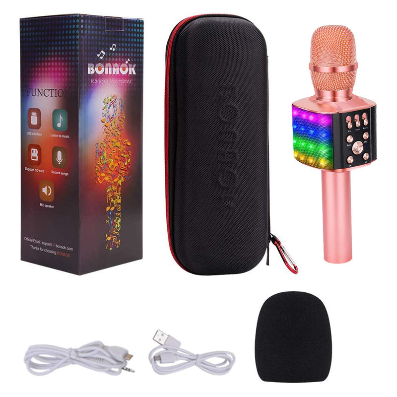 [AUSTRALIA] - BONAOK Wireless Bluetooth Karaoke Microphone with controllable LED Lights, 4 in 1 Portable Karaoke Machine Speaker for Android/iPhone/PC (Rose Gold) Rose Gold 