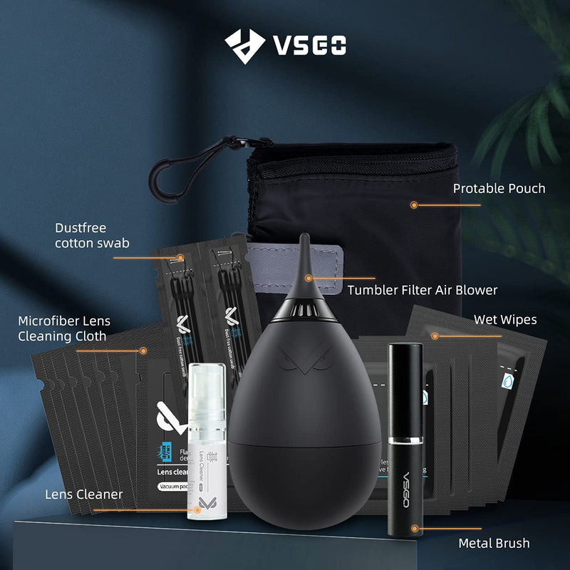 [AUSTRALIA] - VSGO VS-A2E Professional Lens Cleaning Kit with Filter Air Blower Folding Pouch Microfiber Lens Cloth Wet Wipes Lens Cleaner Metal Brush Cotton Swab for Optical Camera Lens Phone Laptop Cleaning 