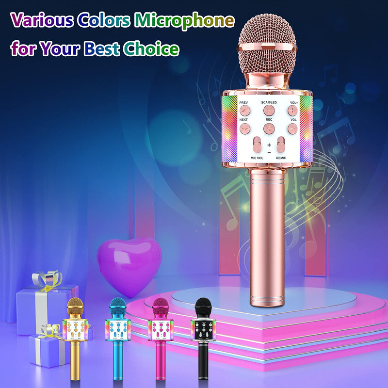 Wowstar Karaoke Bluetooth Microphone, 5 in 1 Wireless Microphone for Kids Adults, Dancing LED Lights Portable Speaker Karaoke Machine for Home KTV Party Singing (Rose Gold) Rose Gold-01