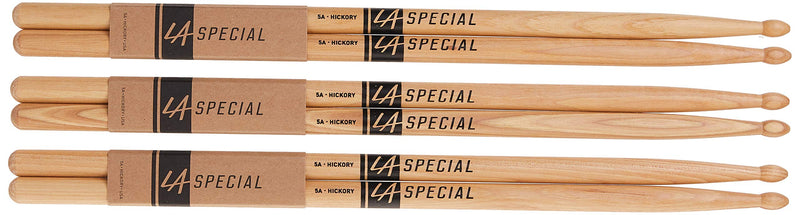 LA Specials 5A Hickory Drumsticks, Oval Wood Tip, Three Pairs Classic