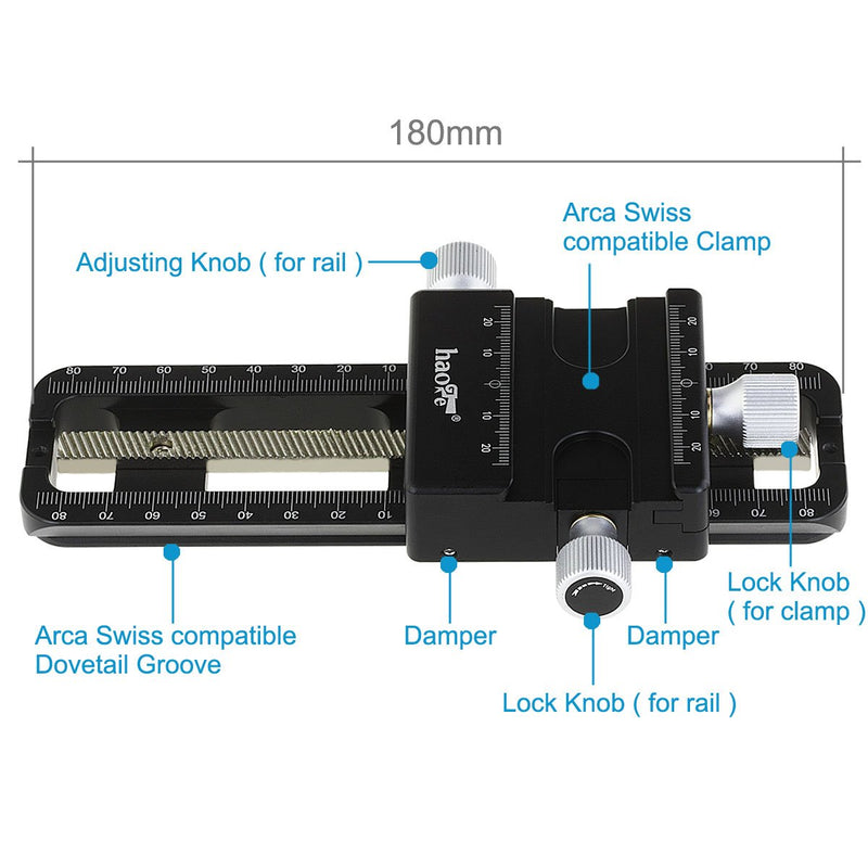Haoge MFR-180 Macro Focusing Rail Rack Slider for Precision Focus Stacking Stack Nodal Slide Macro Close-up Close Up Photography Built-in Arca Swiss Type Quick Release Clamp and Arca Dovetail Groove